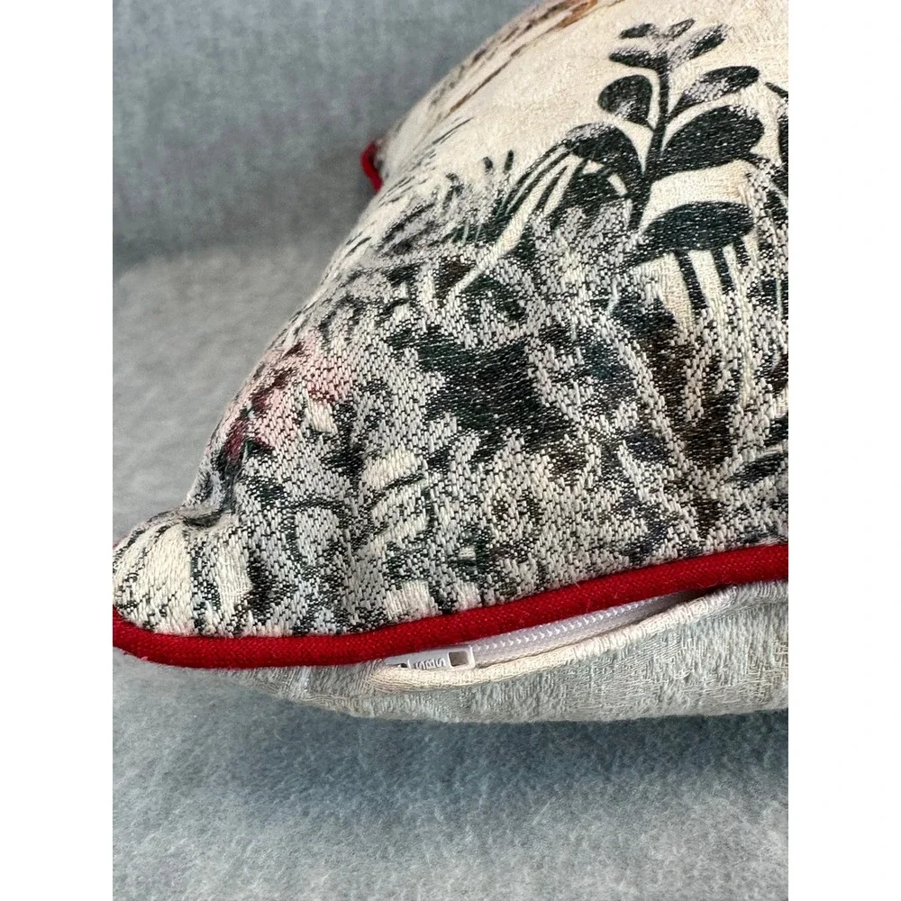 Christmas Olde World Santa Sleigh Reindeer Throw Pillow Red Trim Cream ‎ 17 x 17